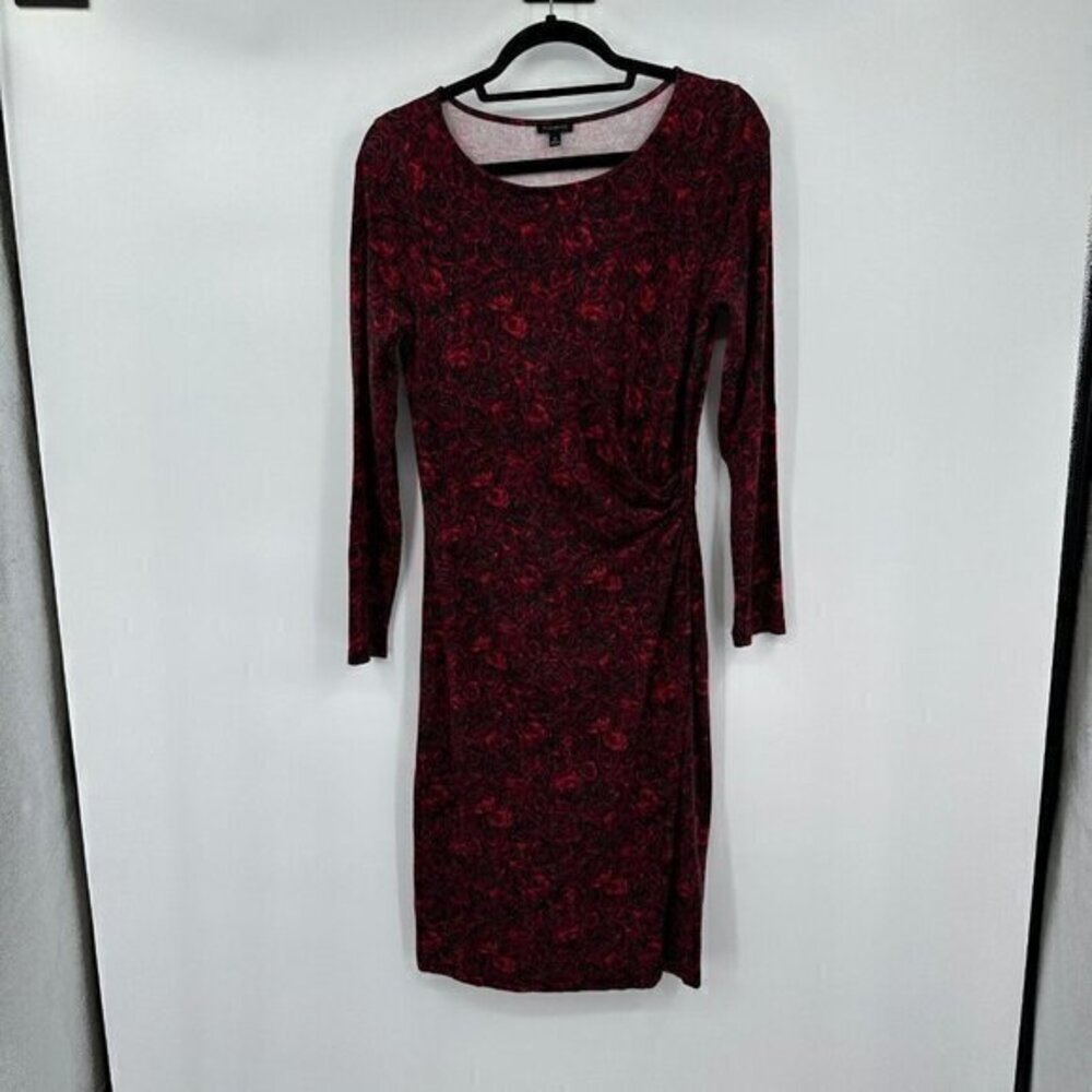 Talbots Womens Dress Medium Red Floral Round Neck Long Sleeves Preppy Stretchy